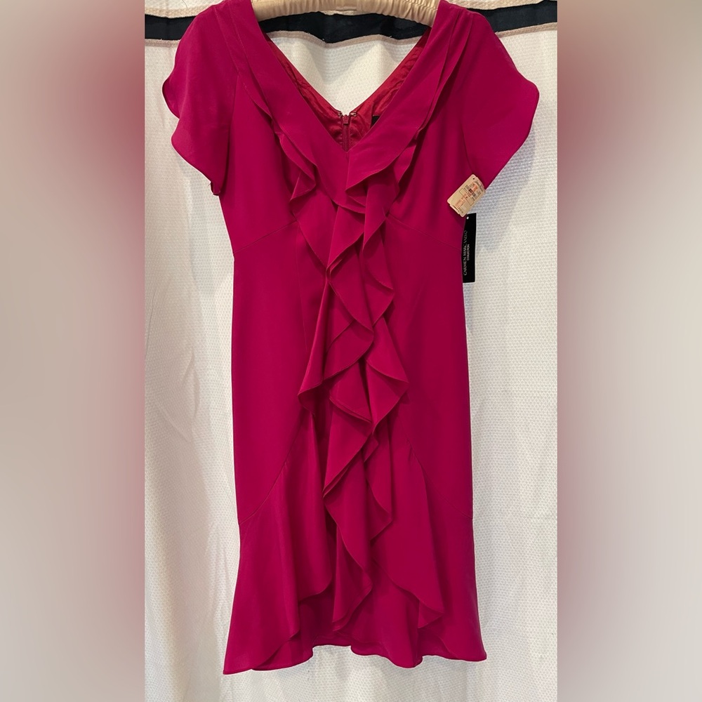 Carmen Marc Valvo Fuschia Ruffled Silk Dress
